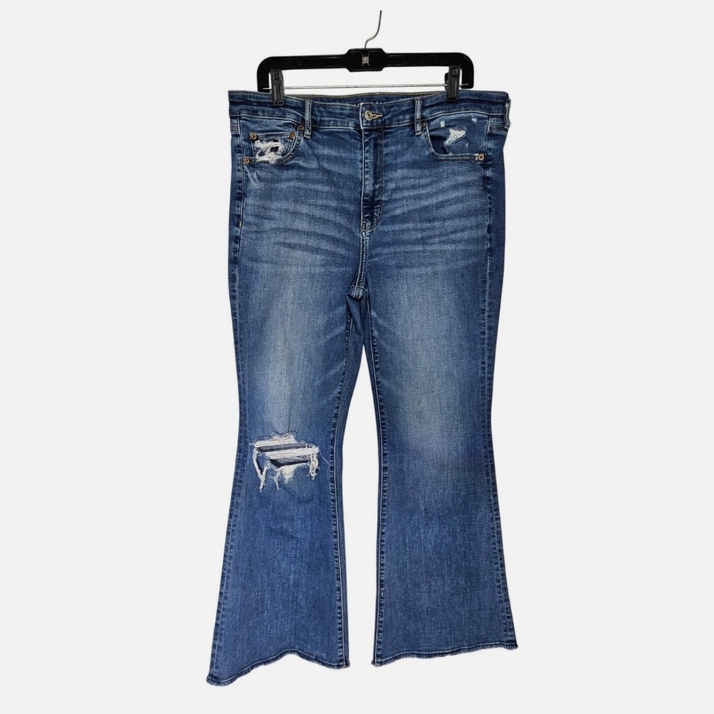 American Eagle Denim Jeans Women’s Size 14 Ripped Distressed Flare Super Hi Rise